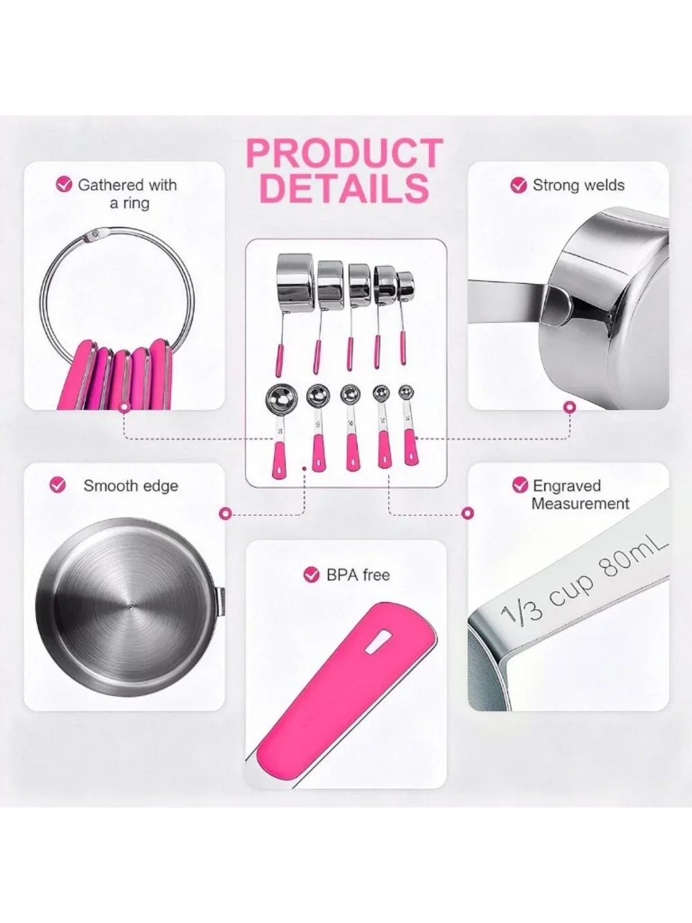 10-Piece Stainless Steel Measuring Cups & Spoons Set for Cooking & Baking - Pink